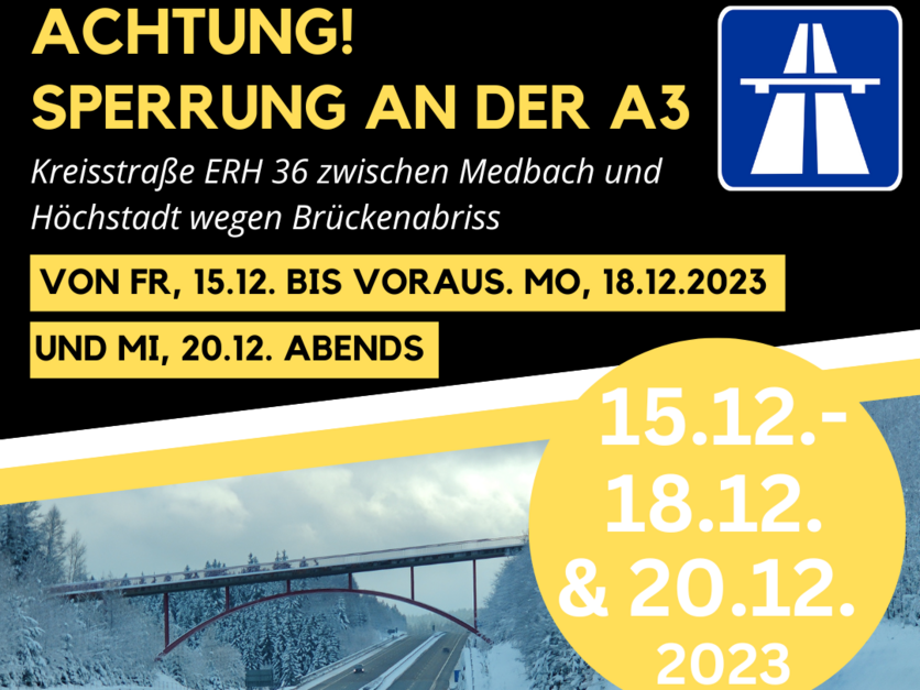Vollsperrung der Kreisstraße ERH 36 zwischen Medbach und Höchstadt vom 15. - 18.12. und am 20.12.2023 (Thumb)