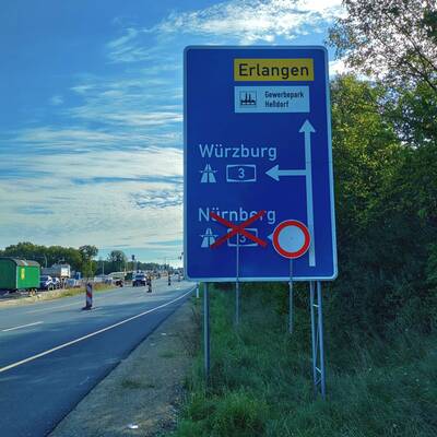 Vom 21. September bis 6. Oktober 2023 ist in Heßdorf (AS Erlangen-West) die Auffahrt auf die Autobahn A3 in Richtung Nürnberg nicht möglich.