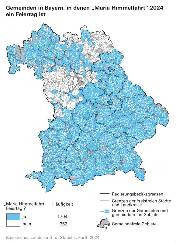 Bayerische Gemeinden, in denen "Mariä Himmelfahrt" 2024 ein Feiertag ist