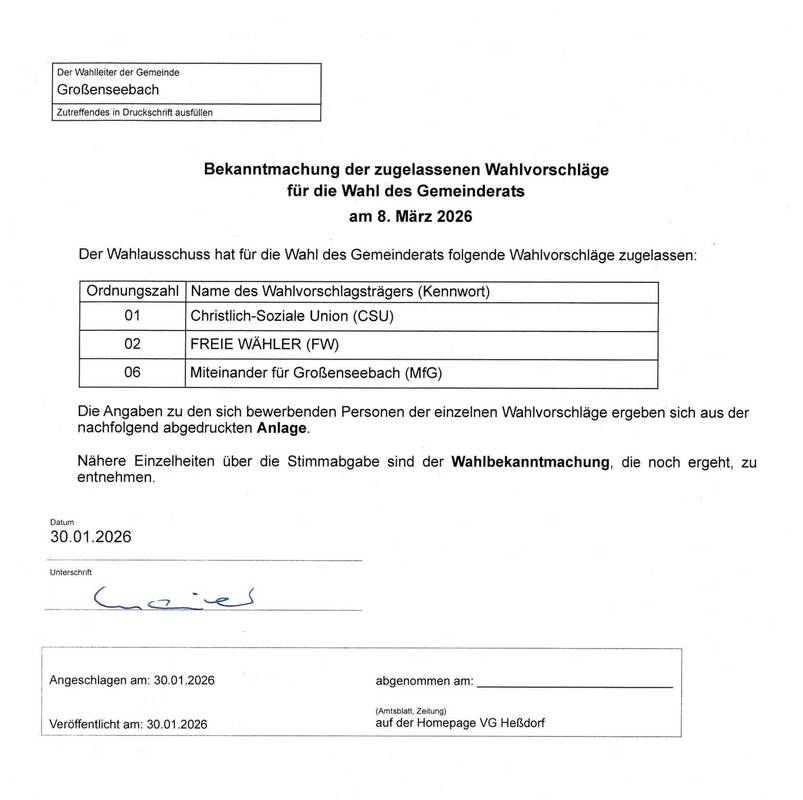 Bekanntmachung Großenseebach Kommunalwahl 2026 Wahlvorschläge Gemeinderat