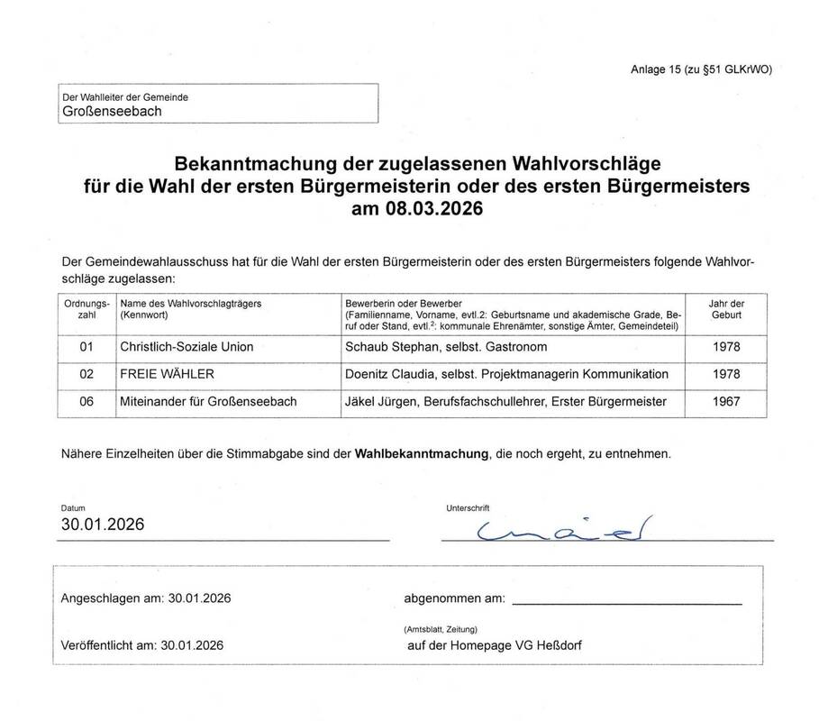 Bekanntmachung Großenseebach Kommunalwahl 2026 Wahlvorschläge Erster Bürgermeister