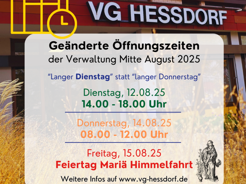 Geänderte Öffnungszeiten der Verwaltung Mitte August 2025 - Mariä Himmelfahrt