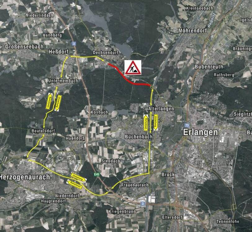 Straßensanierung der St2240 zwischen Heusteg und Dechsendorf - Überörtliche Umleitung