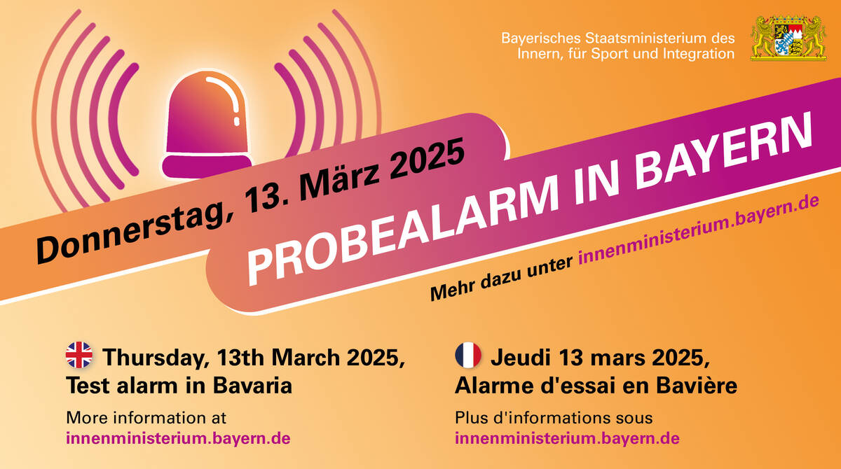 Probealarm in Bayern am 13.03.2025 - Infografik mehrsprachig