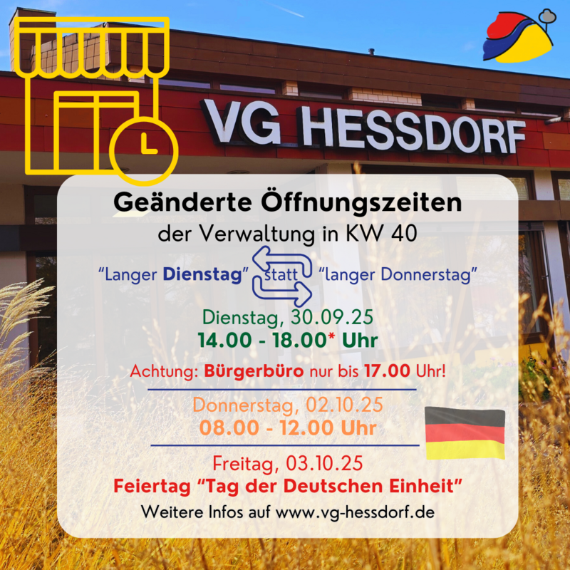 Geänderte Öffnungszeiten der Verwaltung KW 40 2025 - Tag der dt. Einheit