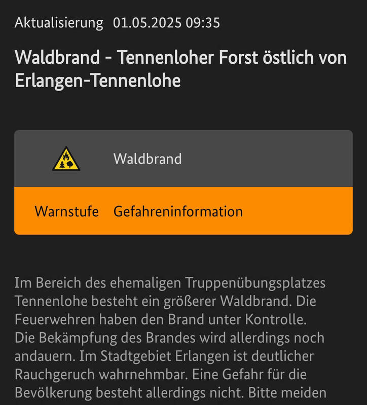 Warn-App NINA Waldbrand Tennenloher Forst 01.05.25