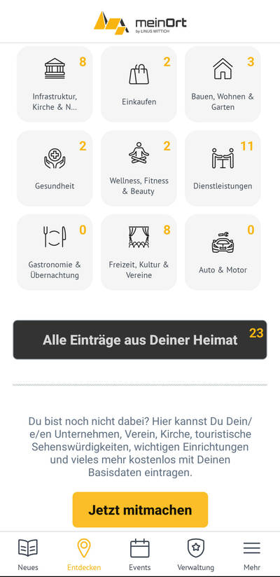 Alle Vereine, Institutionen und auch Gewerbetreibende unserer Mitgliedsgemeinden können in der App kostenlos einen Basiseintrag erstellen und sich damit allen Bürgern präsentieren. 