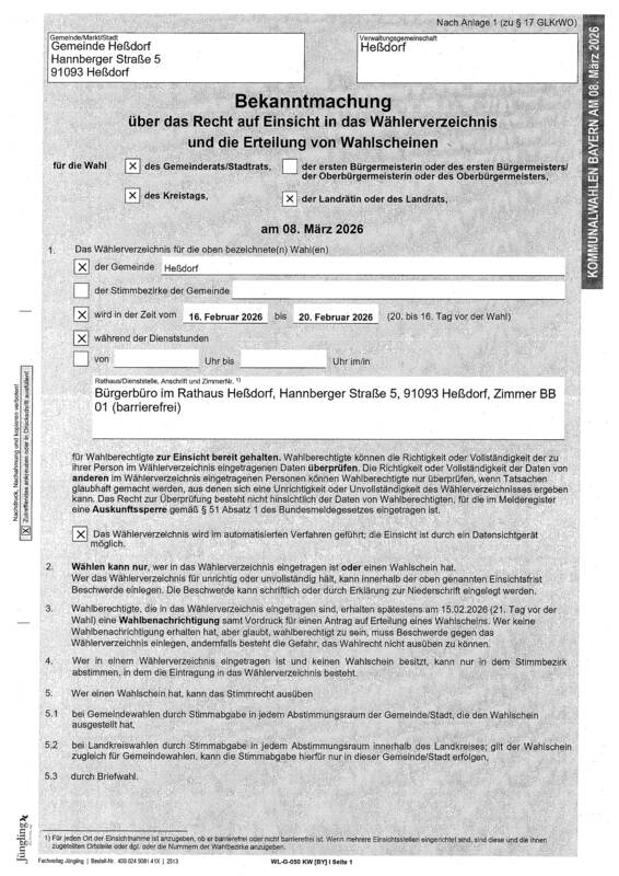 Bekanntmachung Heßdorf Kommunalwahl 2026 Wählerverzeichnis (Seite 1)
