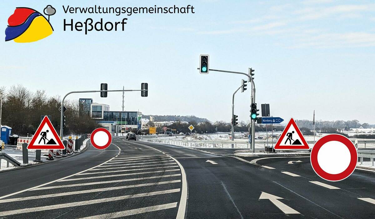 Straßeneinengung und Sperrung der Zufahrt zur Autobahn A3 am 20.02.2024 in Heßdorf