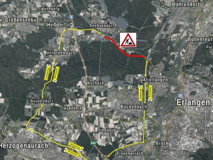 Straßensanierung der St2240 zwischen Heusteg und Dechsendorf - Überörtliche Umleitung