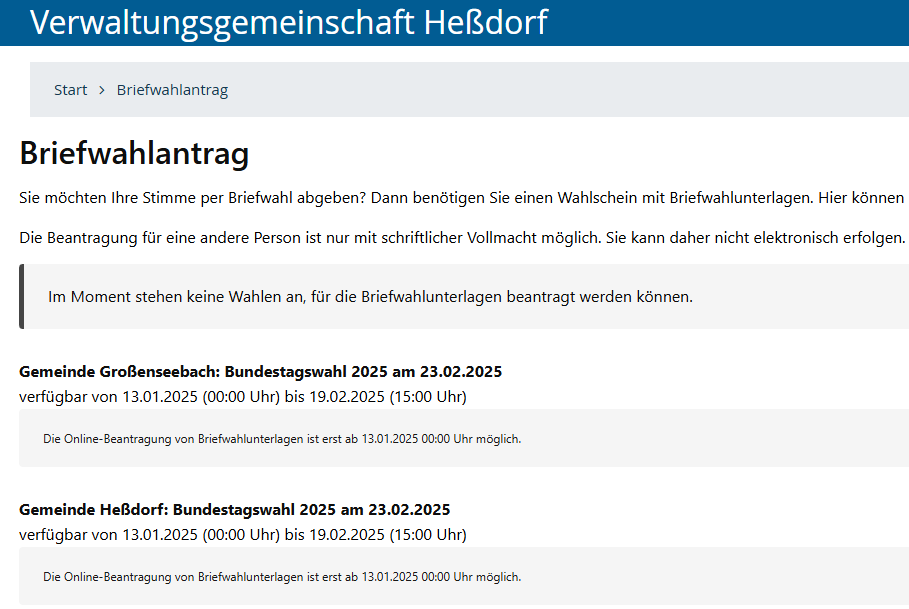 Briefwahlantrag im Bürgerserviceportal der VG Heßdorf