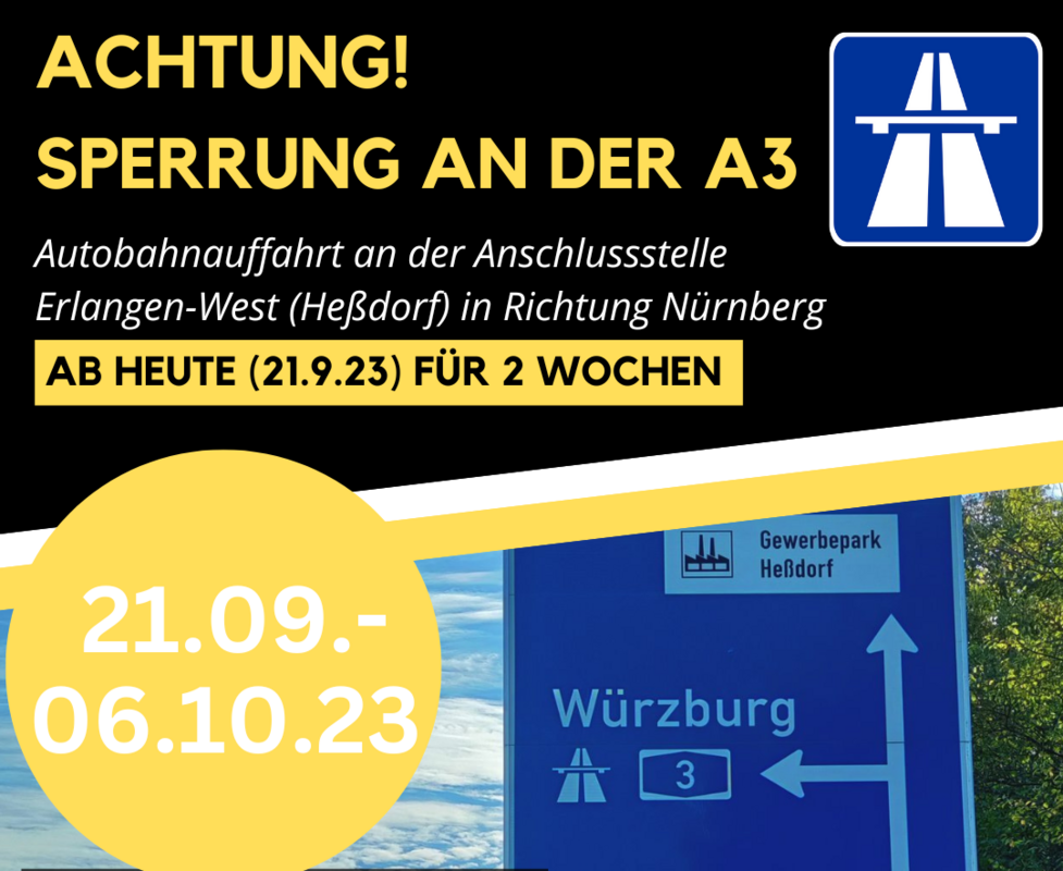 Sperrung der Linksabbiegerspur auf die A3 in Richtung Nürnberg in Heßdorf (AS Erlangen-West) vom 21.9.-6.10.2023 (Thumb)