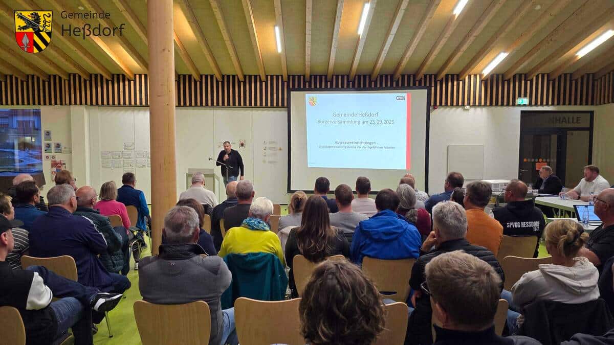 Bürgerversammlung 2025 in Heßdorf – Etwa 120 Bürgerinnen und Bürger waren der Einladung in die Aula der Grundschule Hannberg gefolgt, um sich über die anstehende Sanierung des Kanalnetzes zu informieren.