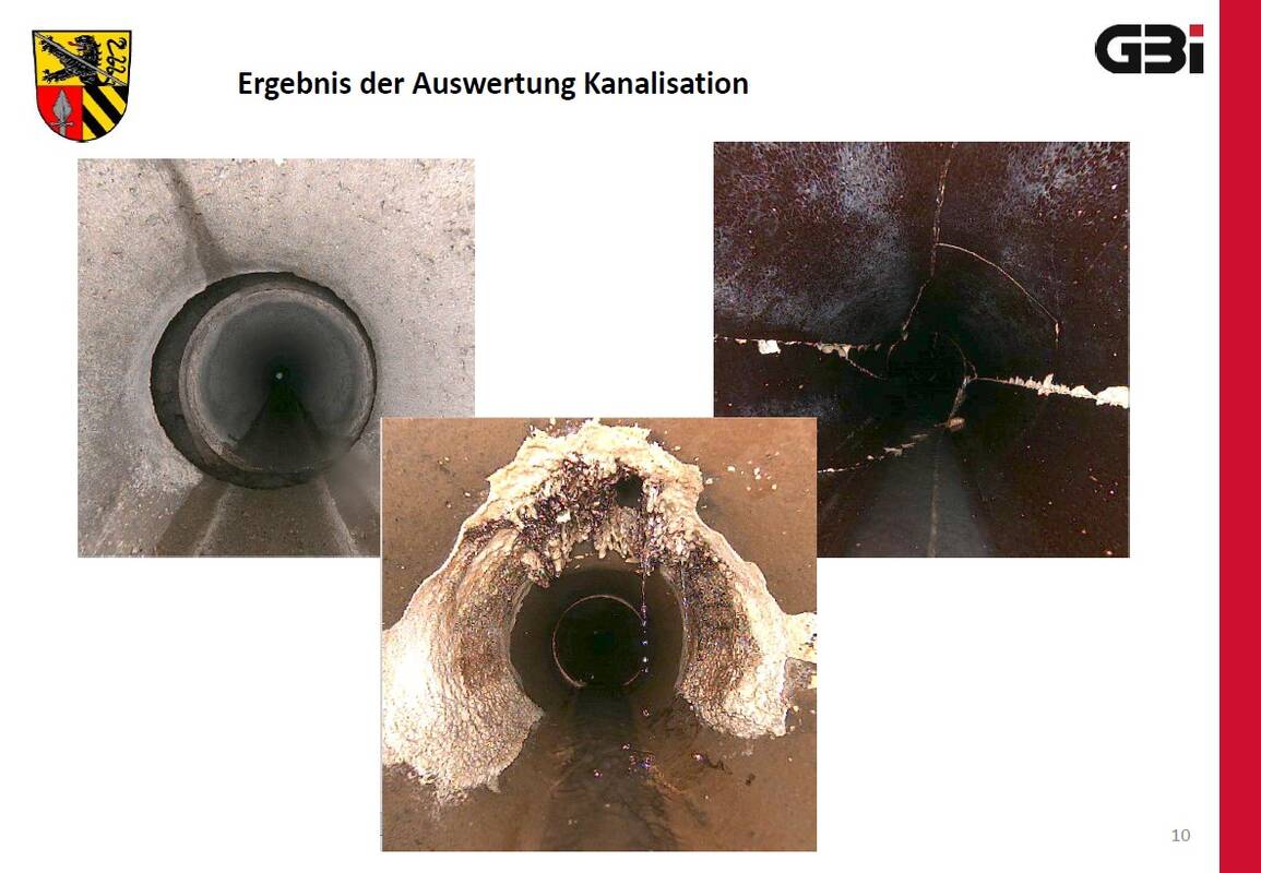 Kanalbefahrung Heßdorf 2025 - Schadenbeispiele – Die Schäden am Kanalnetz sind vielfältig: von Rissen über Einwachsungen (z. B. Wurzeln) oder Ablagerungen (etwa durch Fett). Ursachen gibt es viele: mechanischer Verschleiß, Materialermüdung, chemische Ausfällung von Schwefelsäure, die zu Korrosion führt etc.